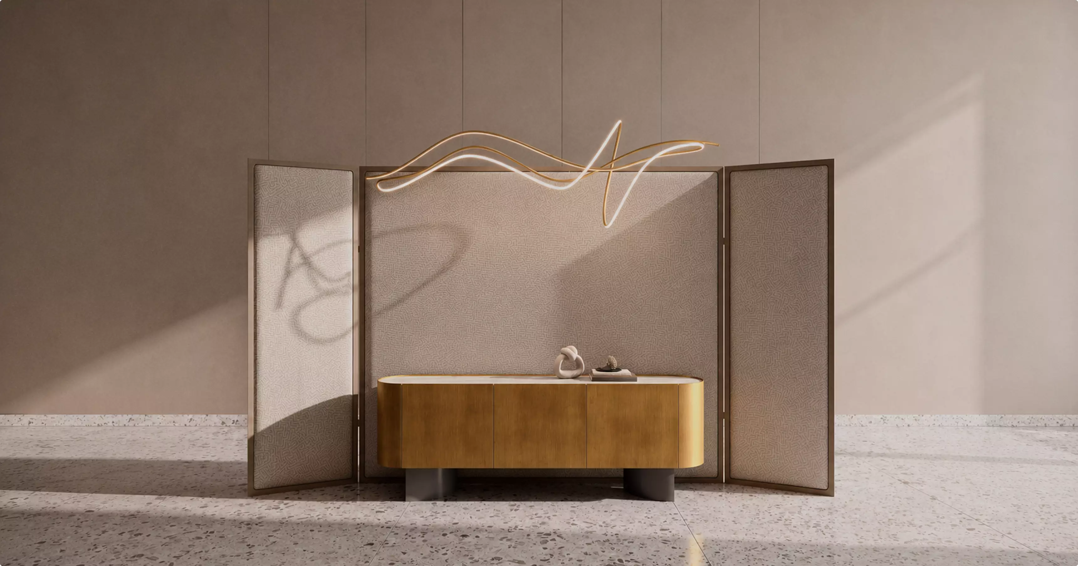 Luxury elevator lobby interior CGI featuring designer lighting, modern metallic surfaces, and refined spatial composition.