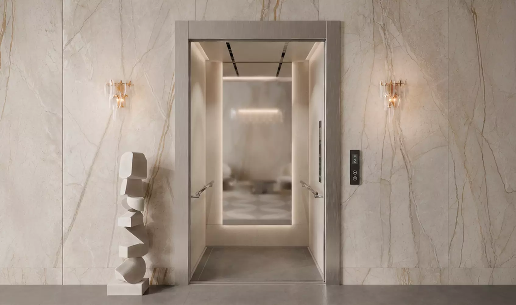 Luxury marble elevator lobby CGI with elegant stone textures, decorative wall lighting, and modern elevator interior.