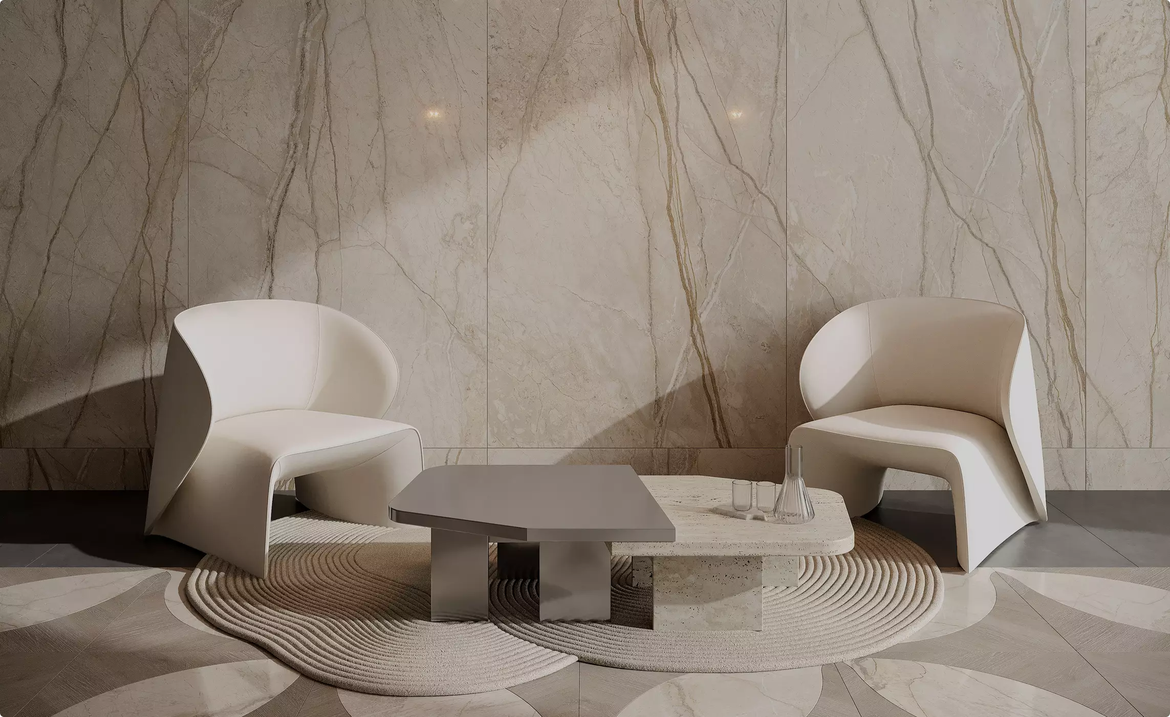 Luxury marble lobby seating area CGI with modern armchairs, elegant textures, and upscale interior design.