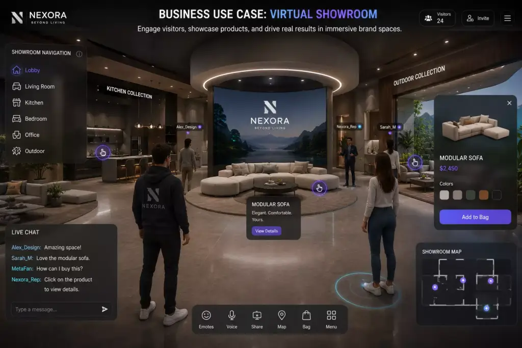 Virtual showroom with avatars exploring modular sofa displays and product details