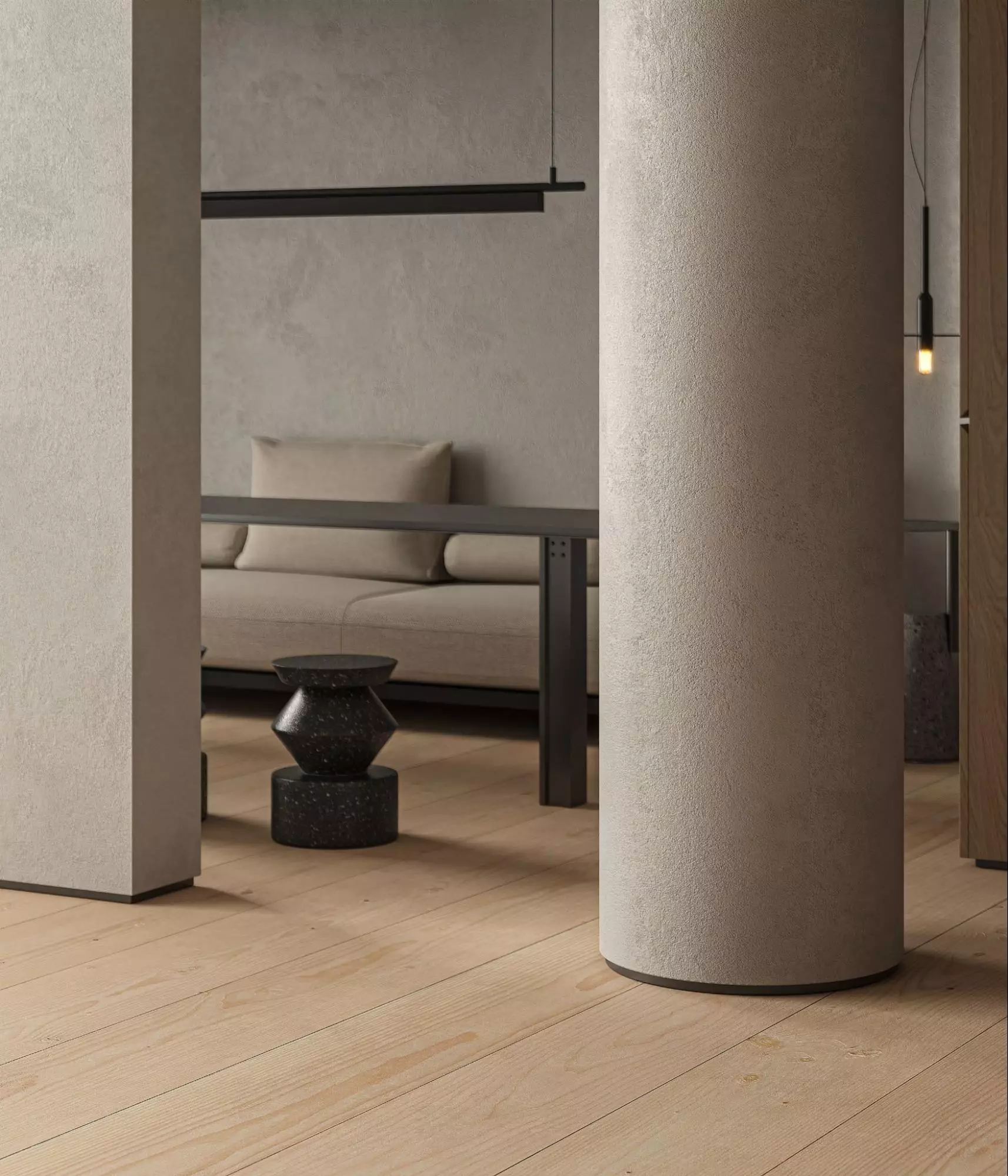 Best Interior Renders for 3D Interior Visualization Minimal lounge interior with textured columns, wood floor, beige sofa, and black table