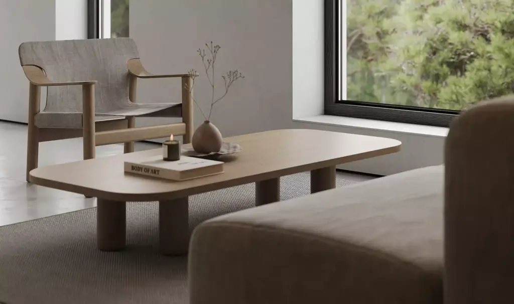 Modern dental clinic lounge visualization with elegant coffee table and Scandinavian-style seating.