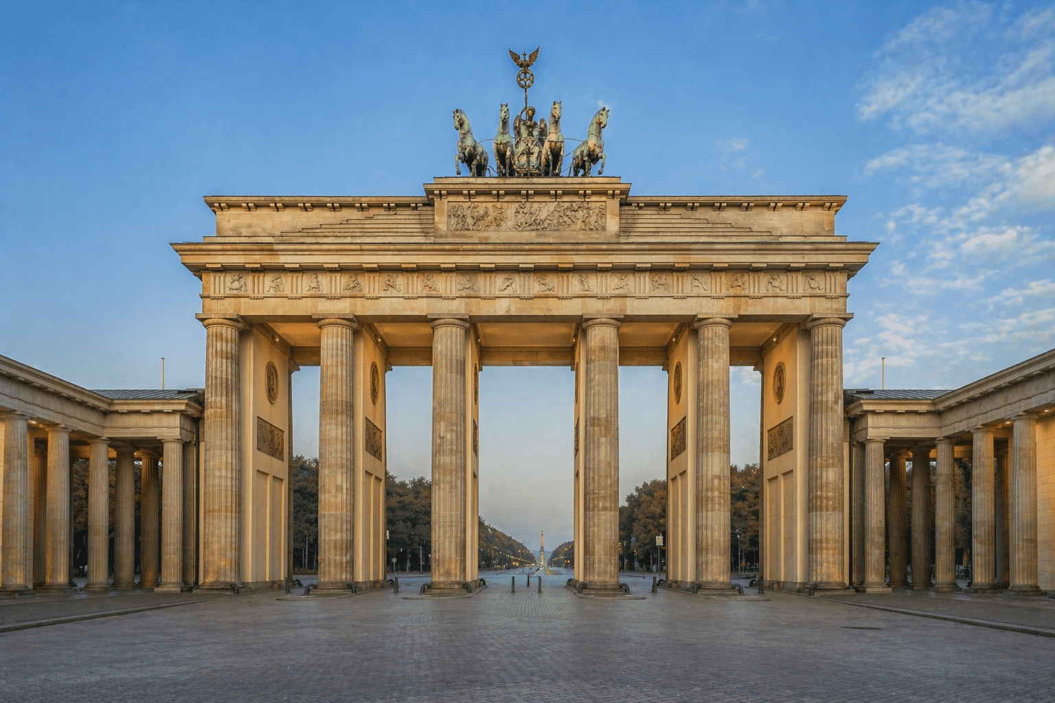 Neoclassical architecture triumphal gate with tall columns at sunset in Berlin