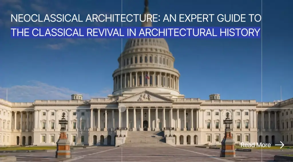 Neoclassical architecture guide graphic with US Capitol building and article title