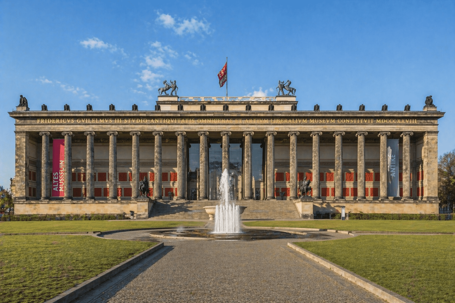 Neoclassical architecture museum facade with fountain and long colonnade