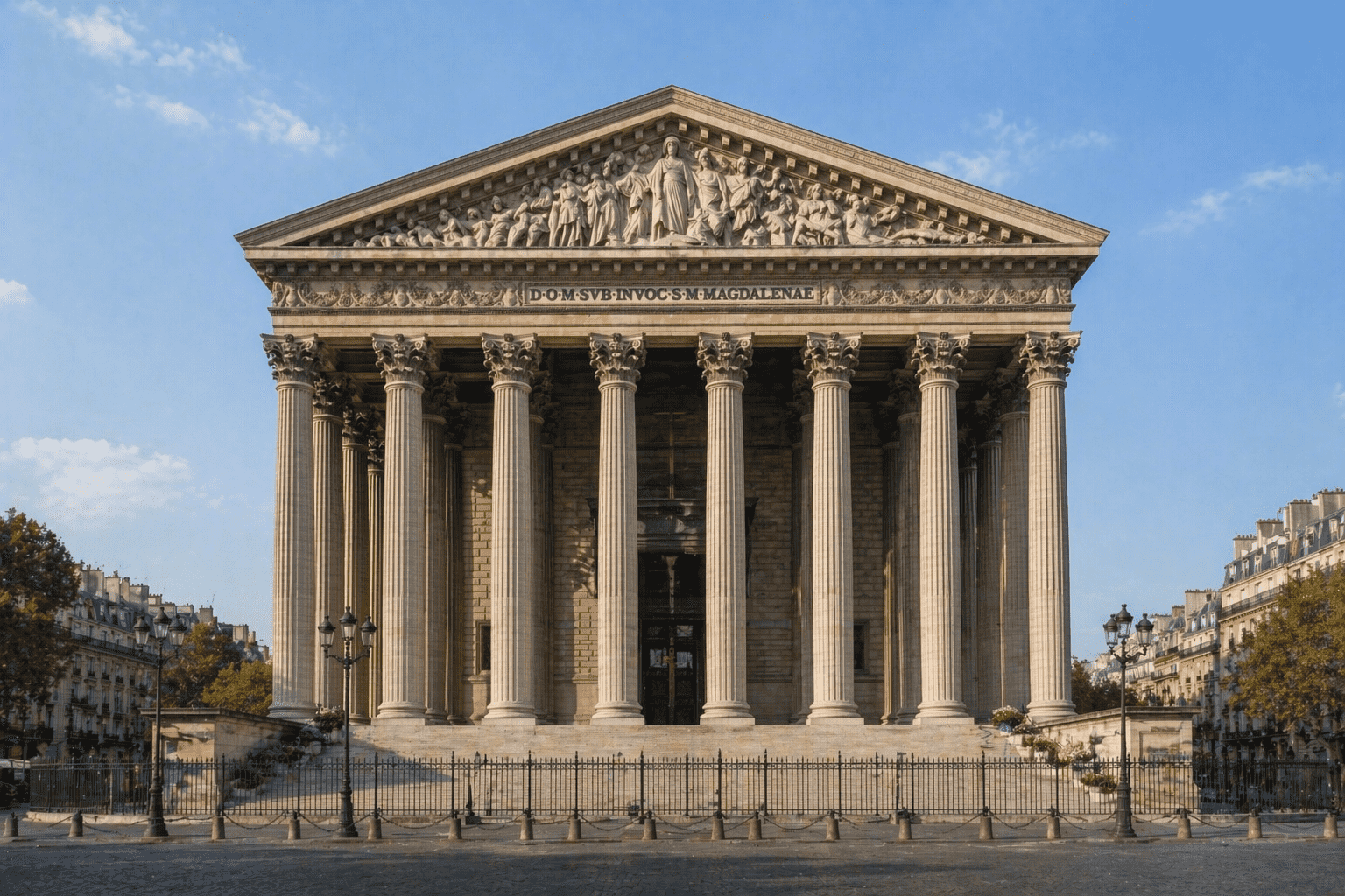 Neoclassical architecture church facade with Corinthian columns in Paris