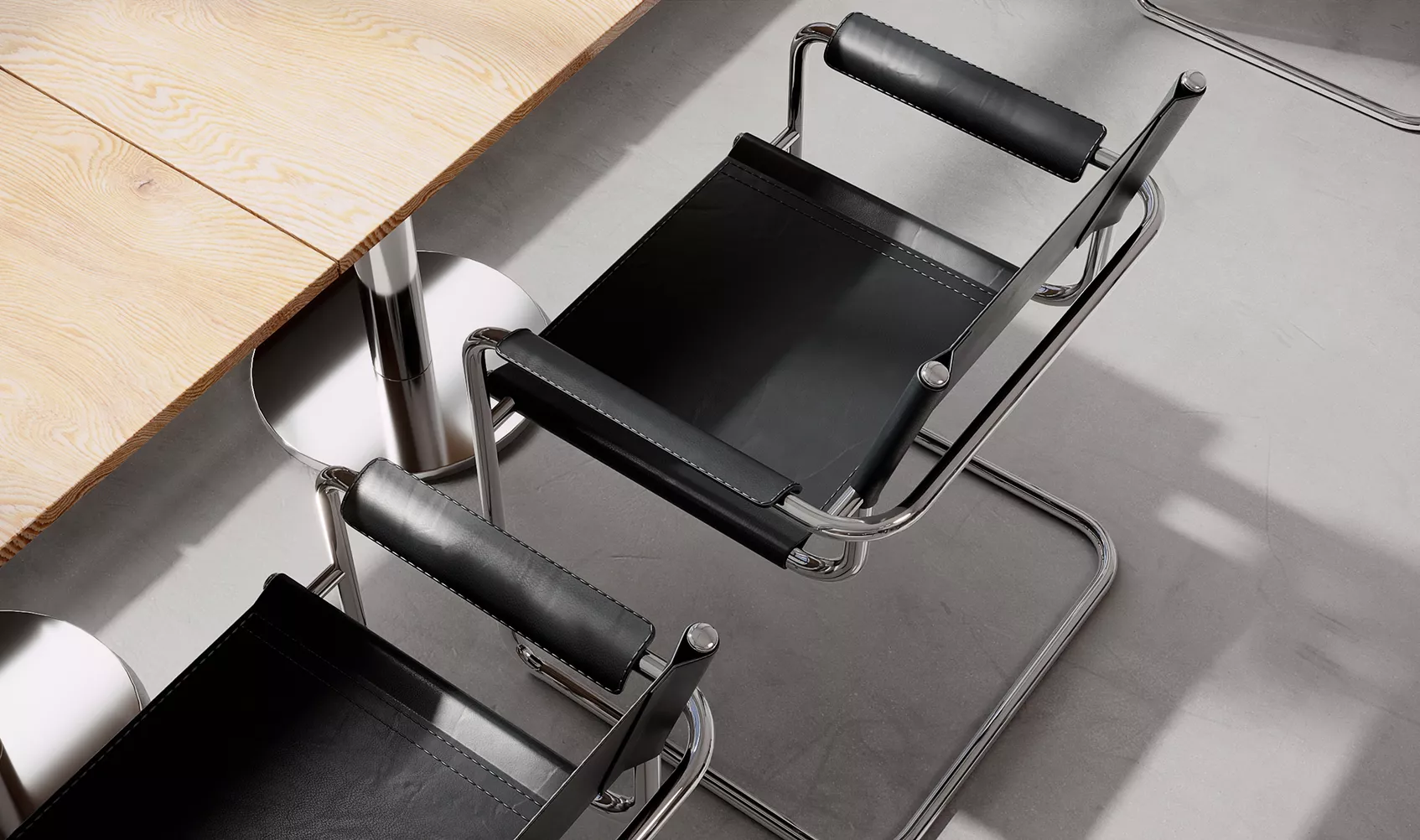 Photorealistic cafe 3D visualization with black leather chairs beside wood tables