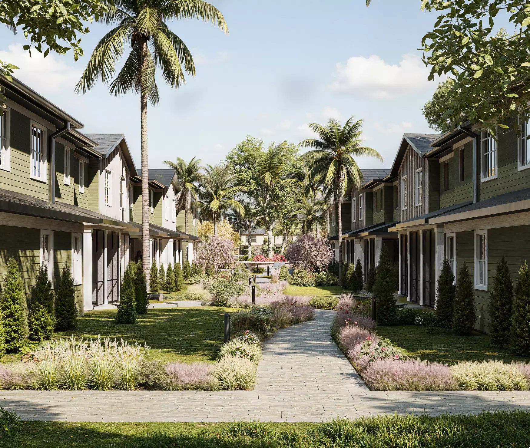 Tropical residential development CGI with landscaped walkway, townhomes, palm trees, and garden courtyard