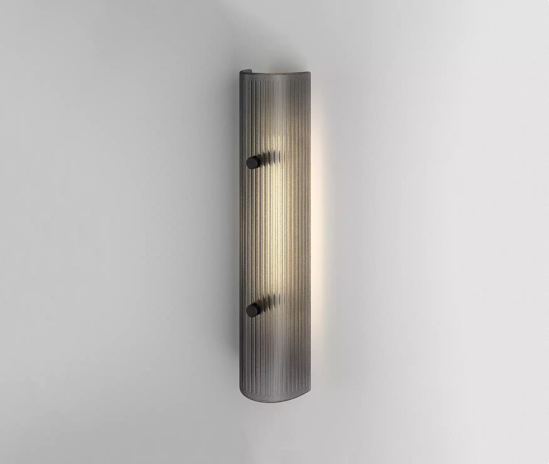 Vertical ribbed glass wall fixture glowing on white wall, wall light visualization.