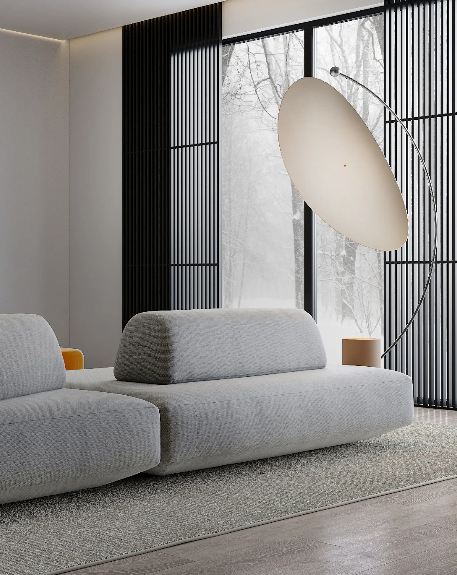 Modern sofa composition with soft upholstery and ambient natural light.