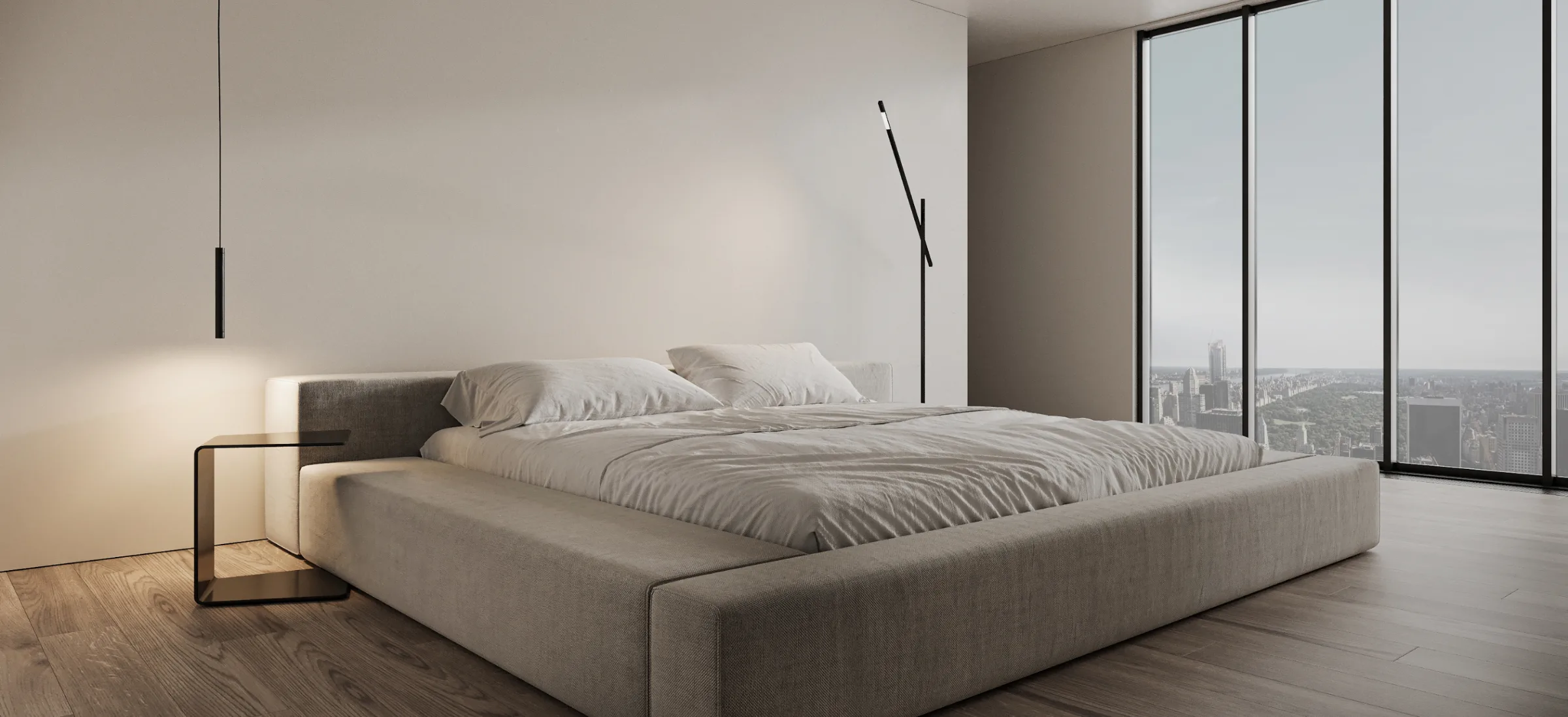 Minimal bedroom with upholstered platform bed and floor-to-ceiling city view windows.
