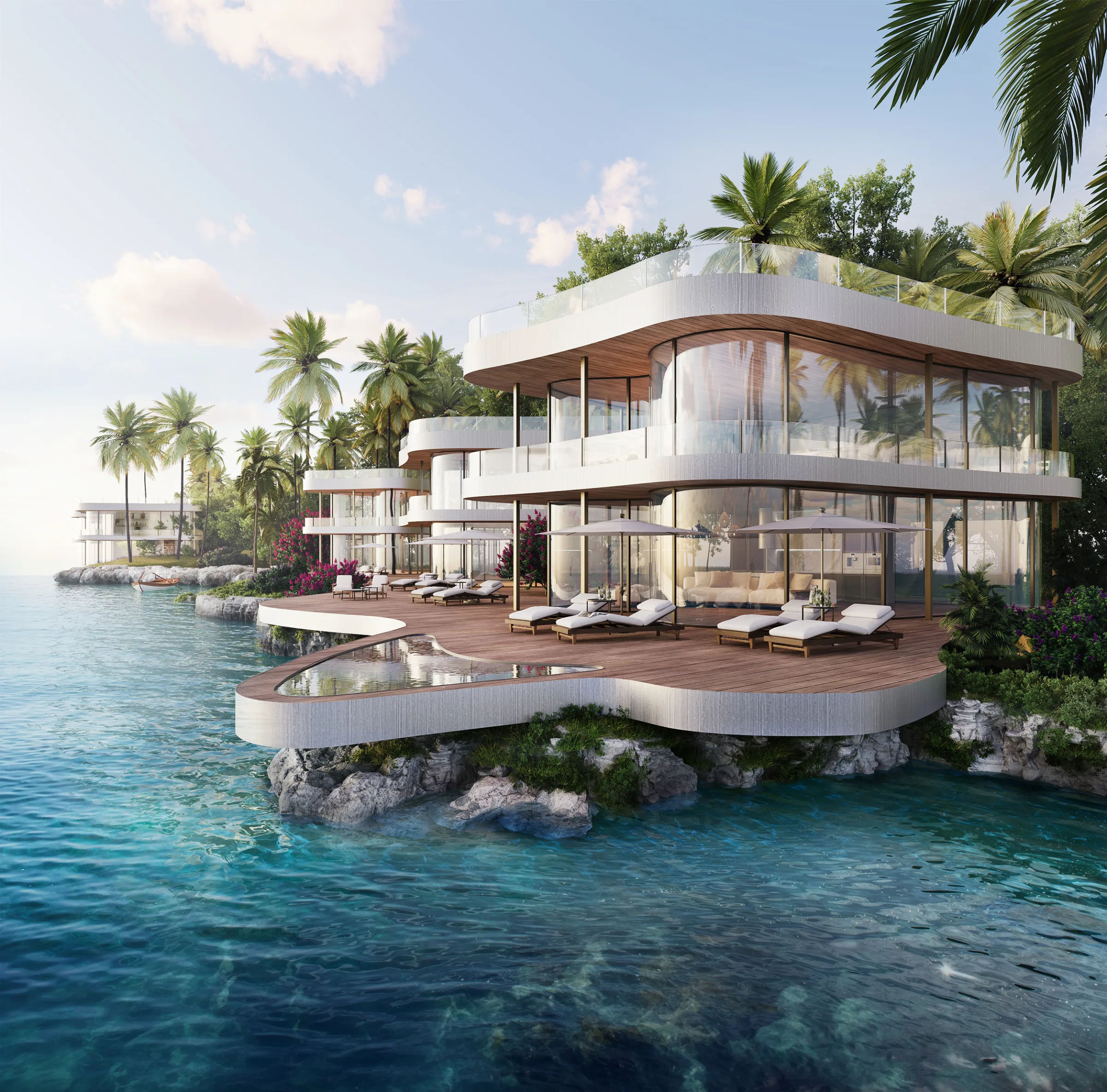 Luxury waterfront exterior rendering, modern resort architecture, high-end 3D visualization