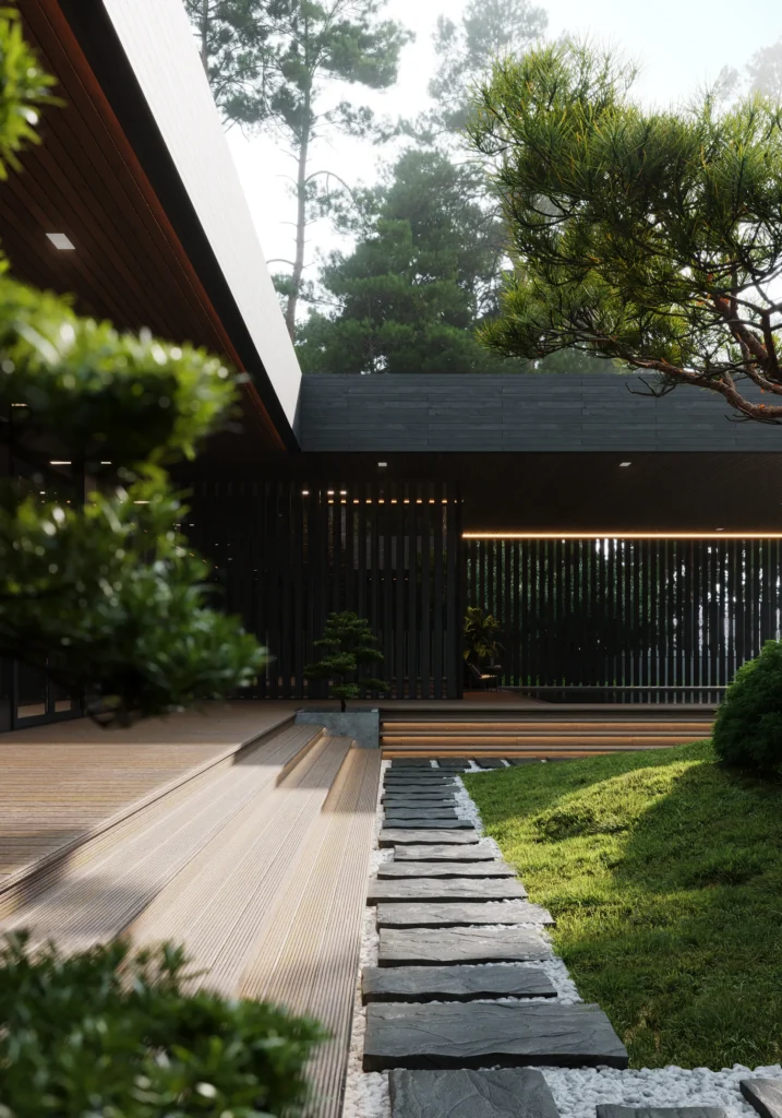 Contemporary wooden pavilion exterior created through 3D visualization for real estate and rendering services