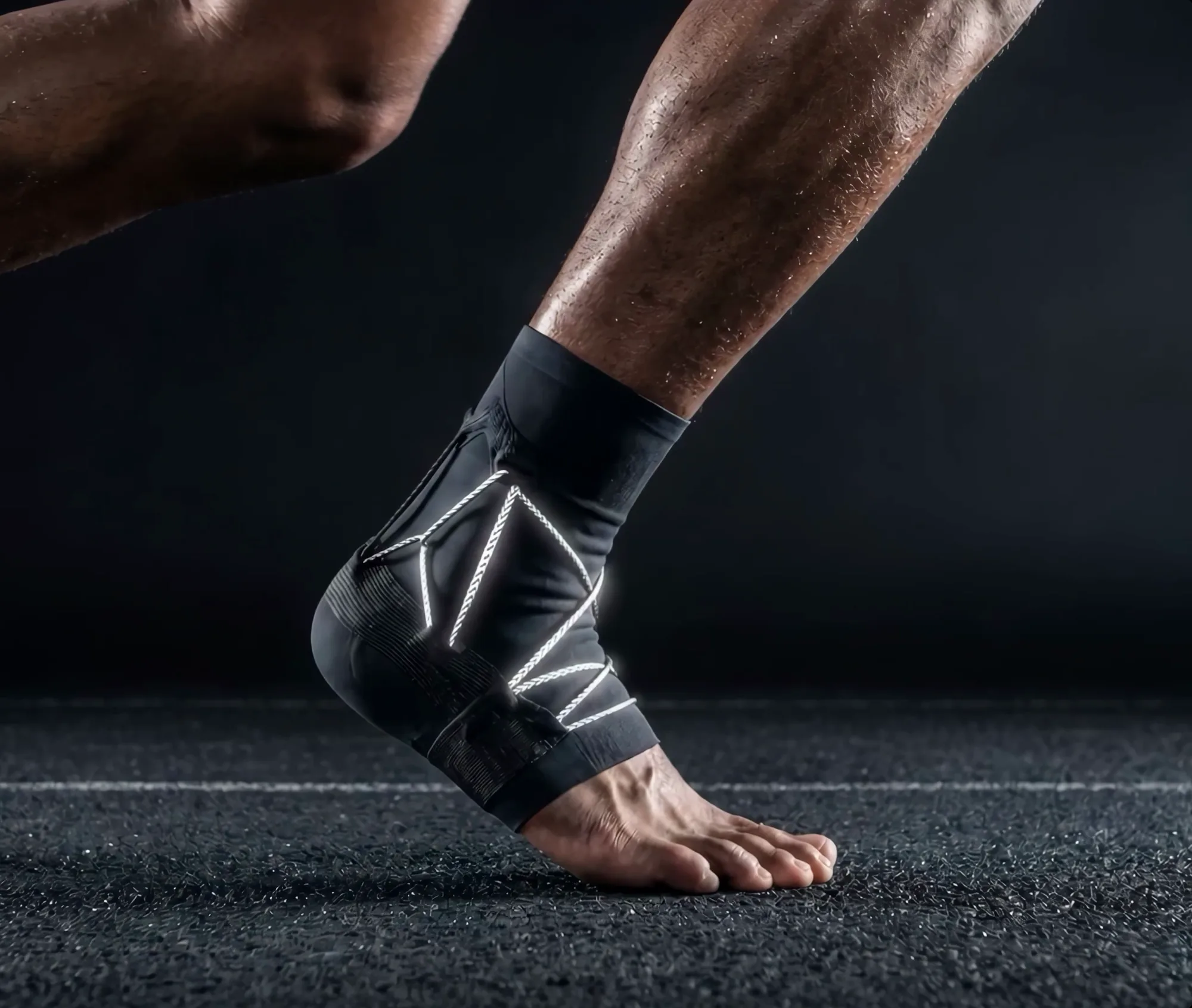 Close-up of an ankle compression support courtside, sports equipment product visualization.