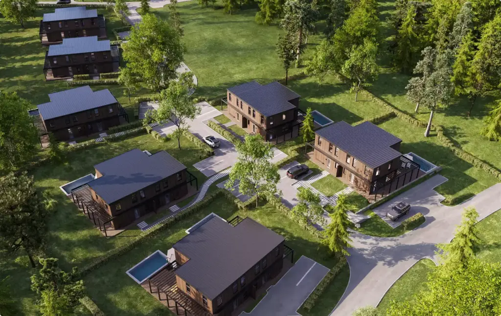 Housing masterplan aerial 3D rendering by architectural rendering company Maverick Frame.