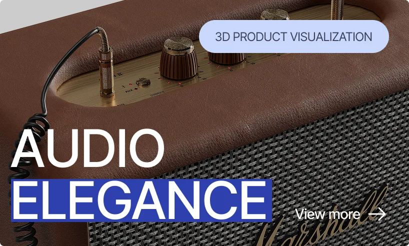 Product rendering of an audio speaker amplifier with knobs and textured grille