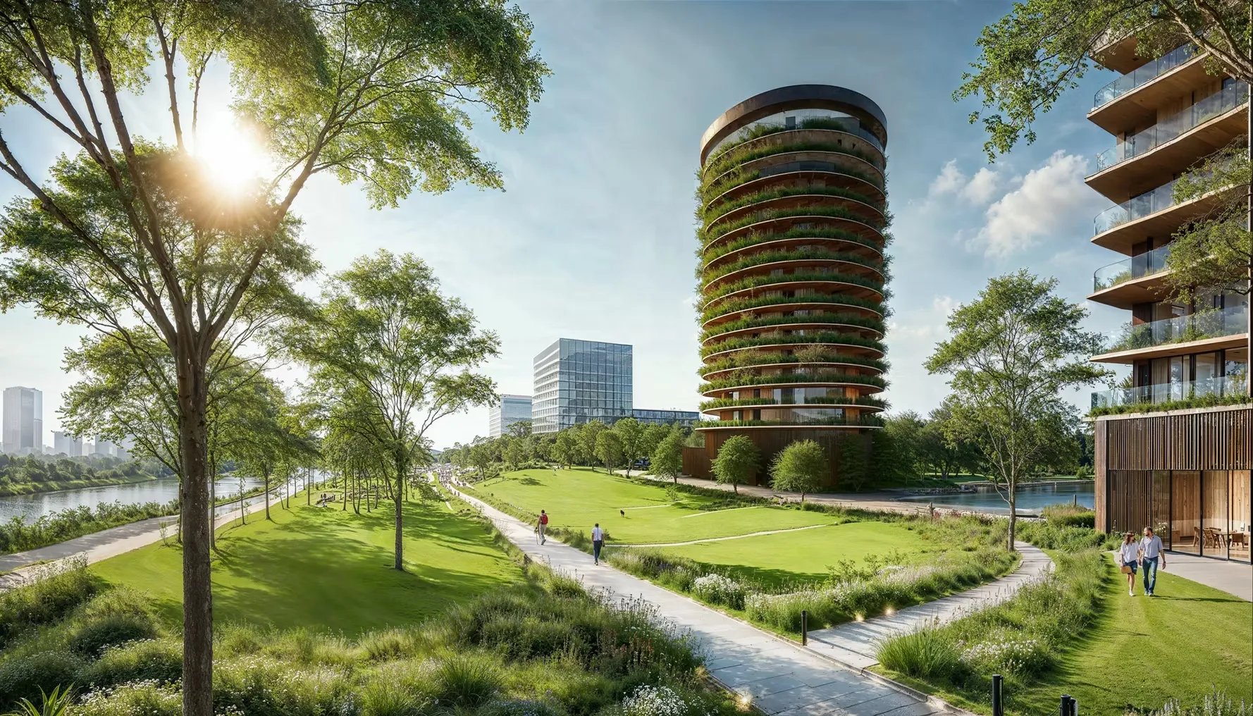 Best 3D Rendering Companies in Abu Dhabi for Real Estate & Architecture Green park with circular eco tower and path, Best 3D Rendering Companies in Abu Dhabi for Real Estate & Architecture