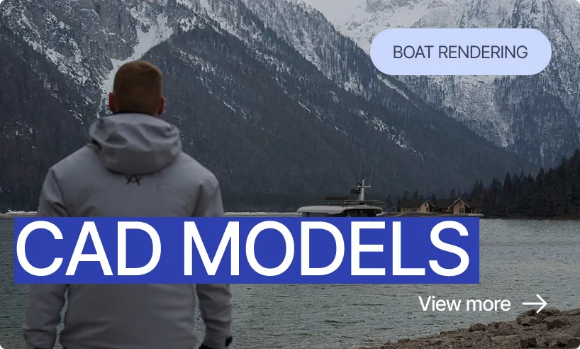Boat rendering on a mountain lake with a person viewing from the shore