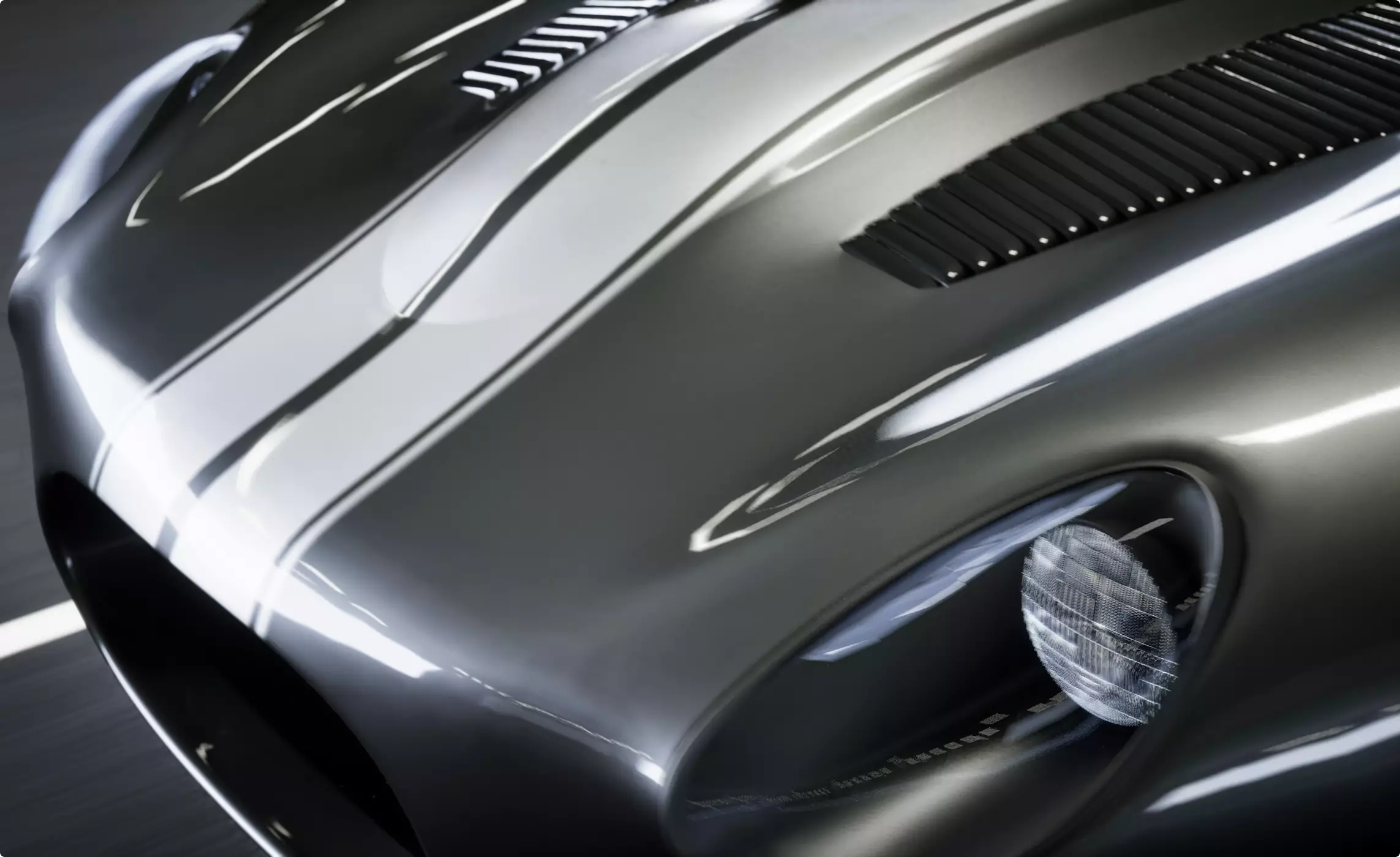 Custom luxury car CGI hood close-up, silver finish with stripes and headlight detail