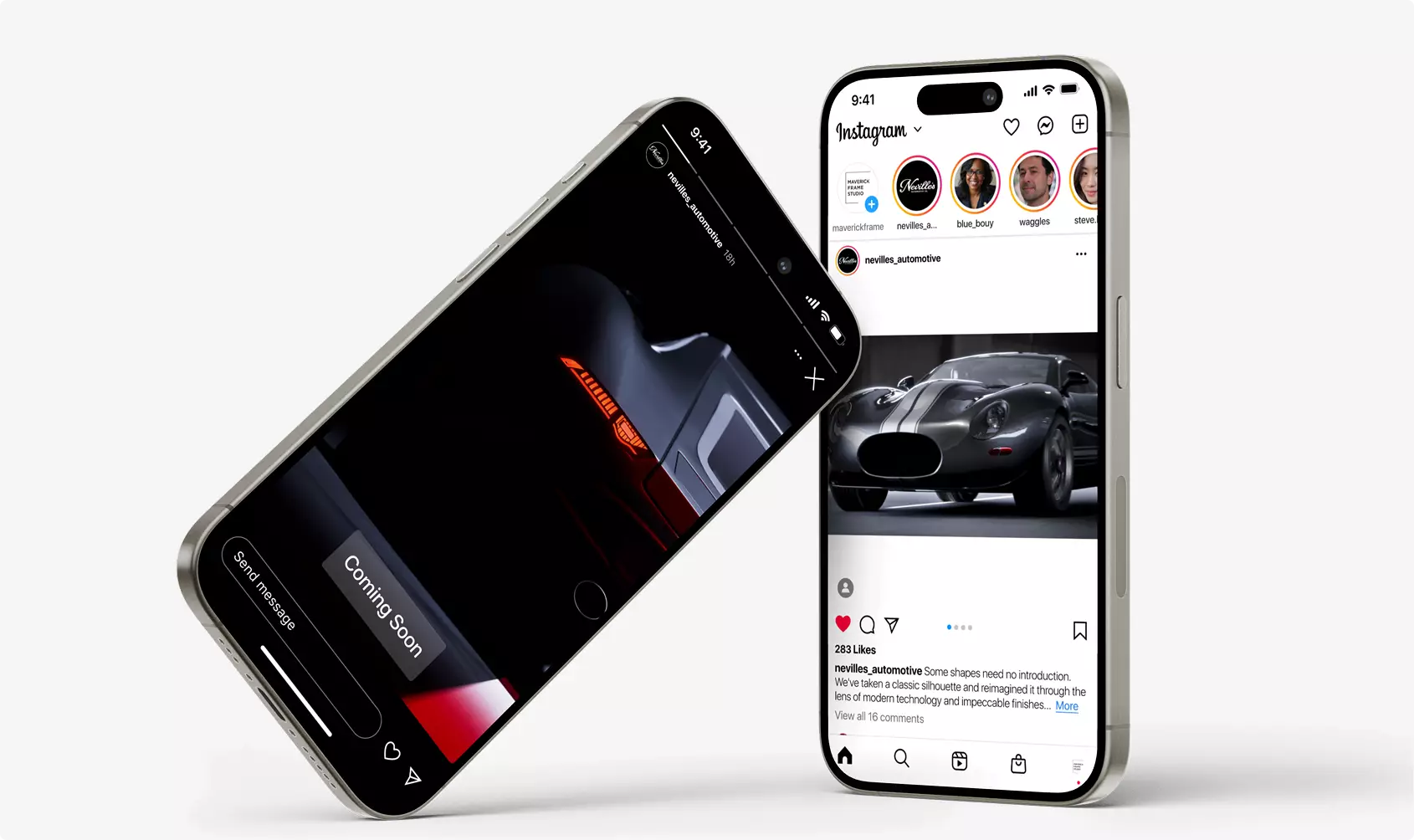 Custom luxury car CGI shown on smartphone social media screens with promotional display