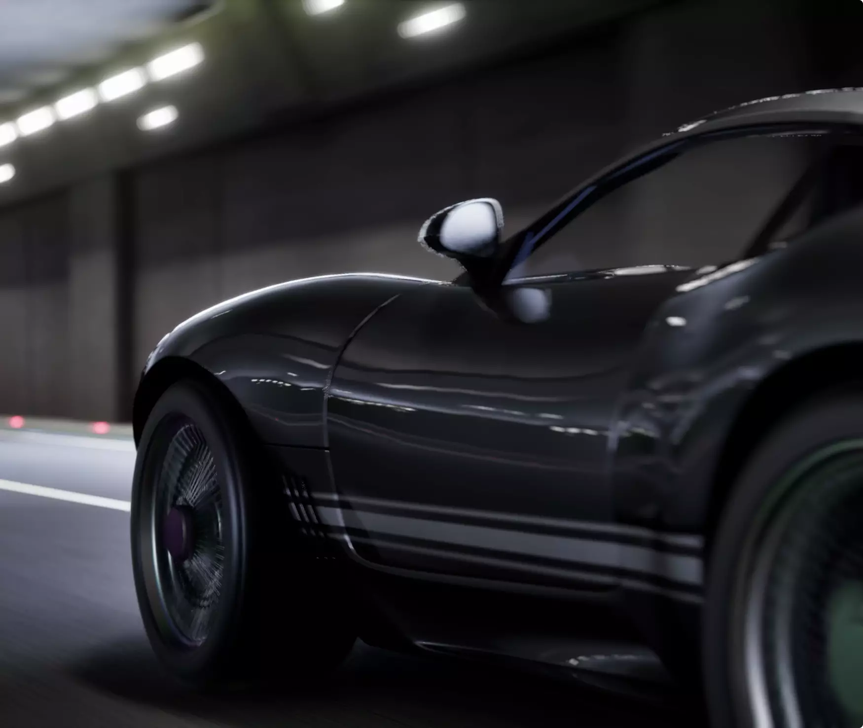Custom luxury car CGI driving through tunnel, side view with motion blur and dark finish