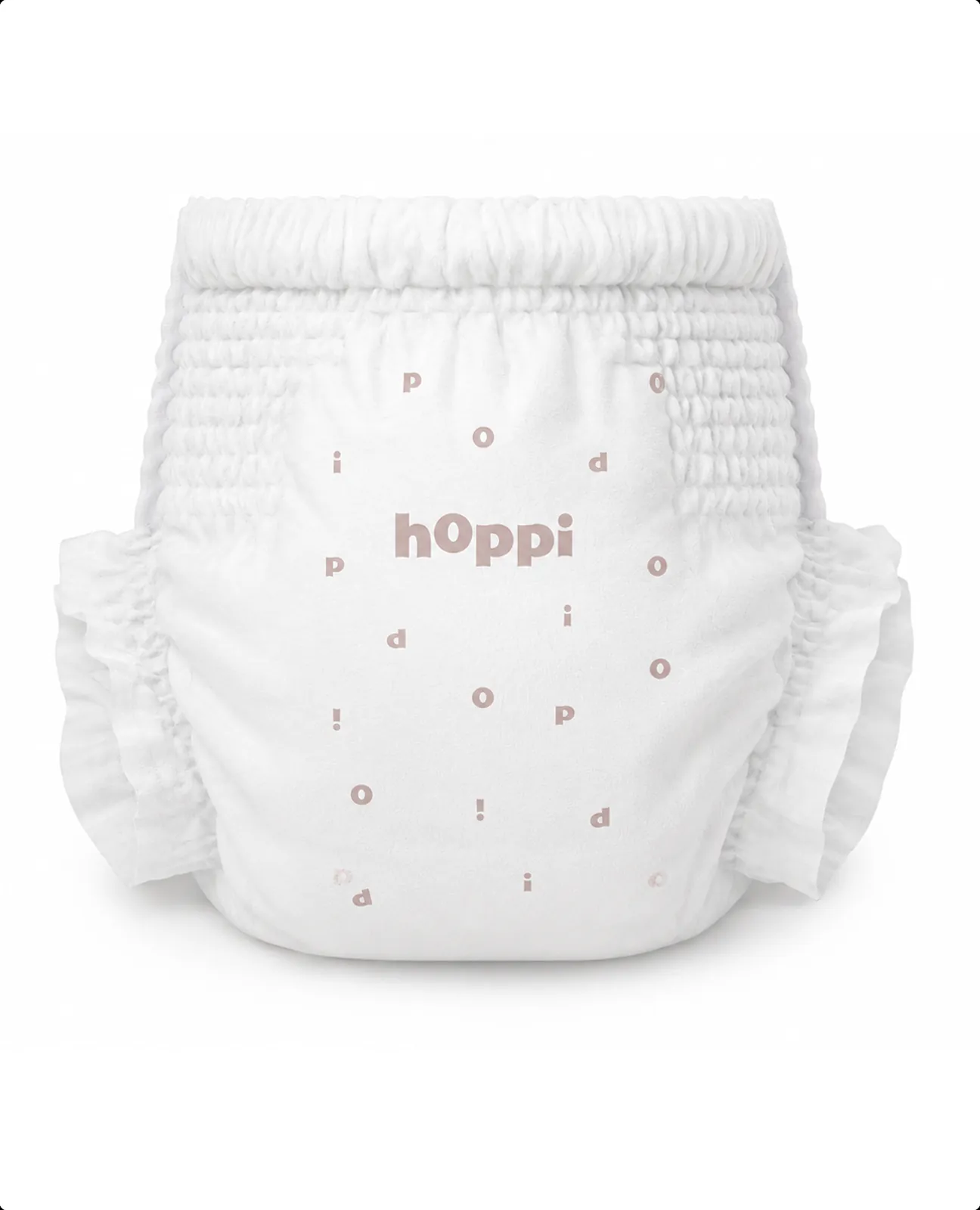 Back view of a diaper with ruched stretch waistband, baby diaper product render.