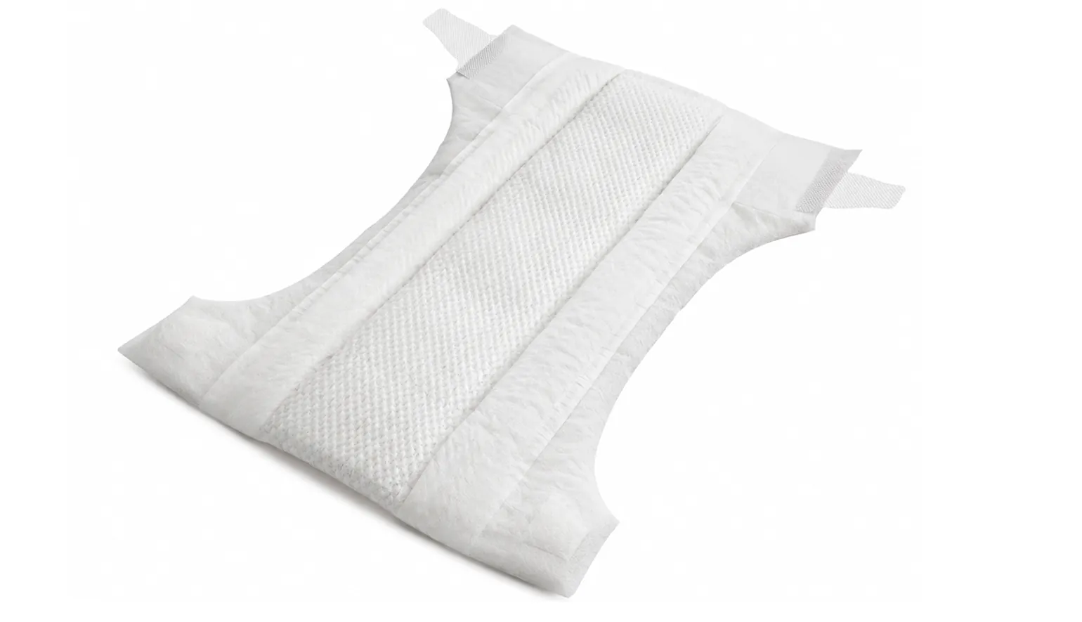 Unfolded diaper laid flat showing its soft layers, baby diaper product render.
