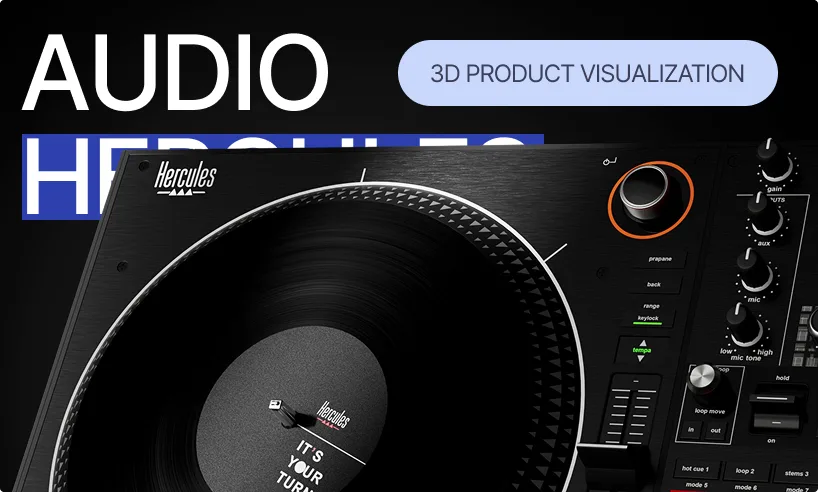 3D product visualization of a Hercules DJ turntable with vinyl record and control knobs