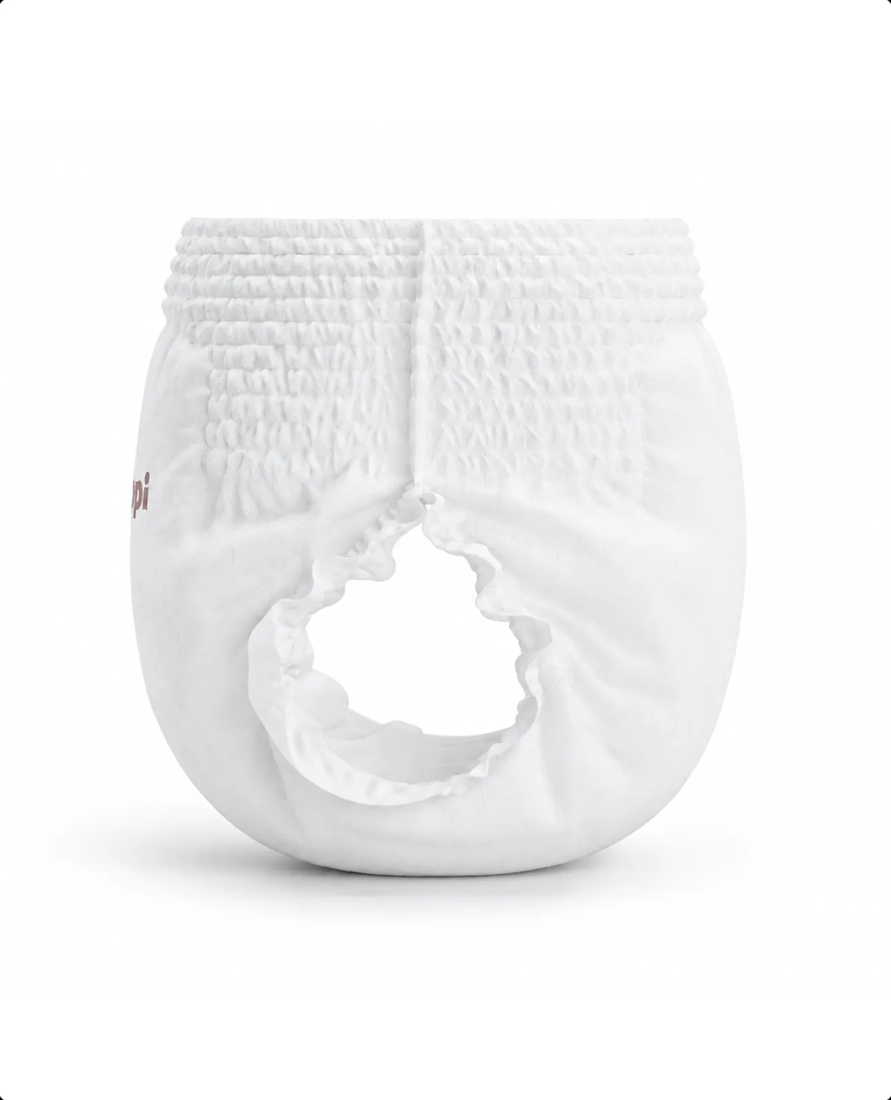 Front view of a hoppi diaper with open leg cuff, baby diaper product render.