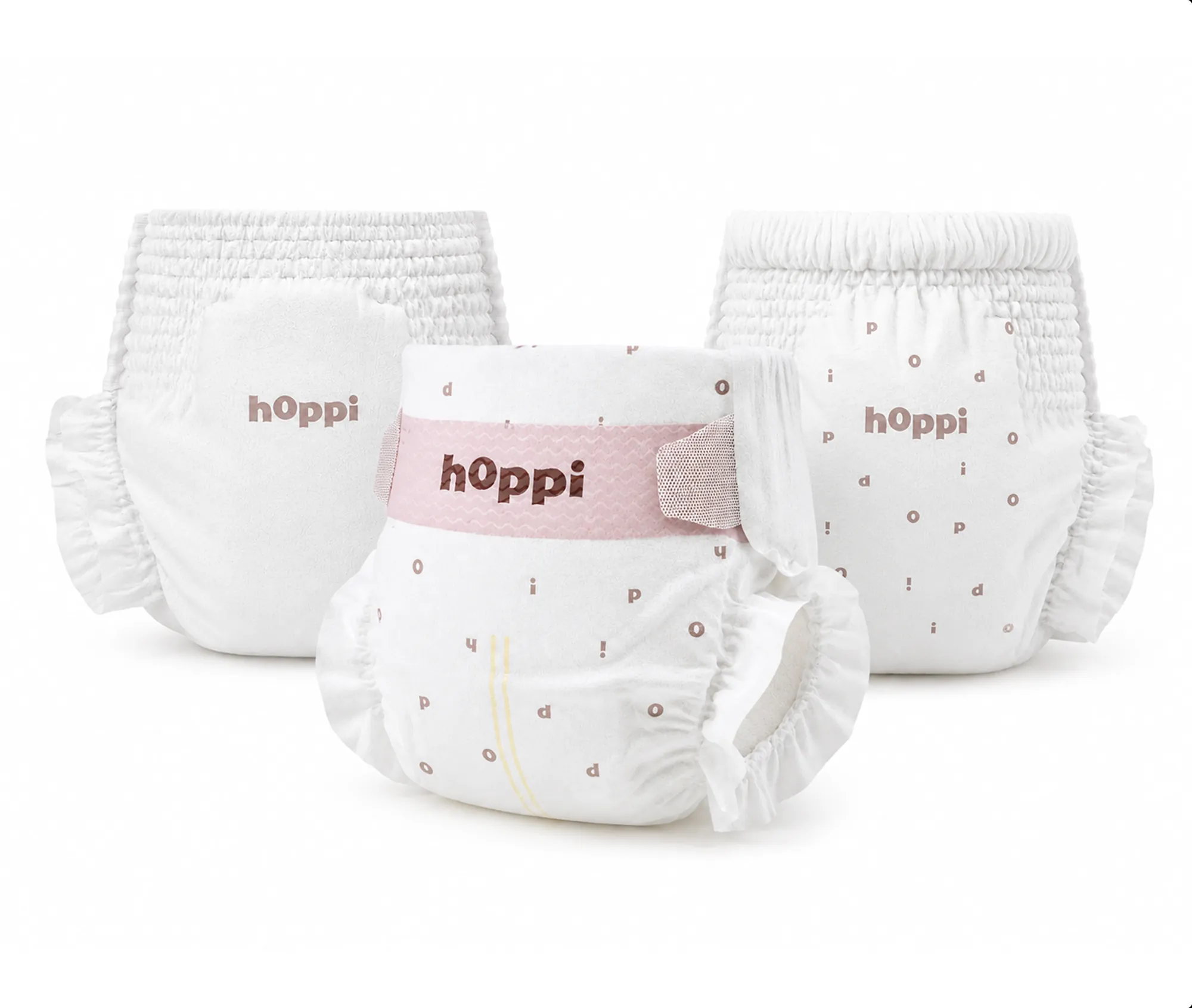 Three hoppi diapers shown front and back with logo waistband, baby diaper product visualization.
