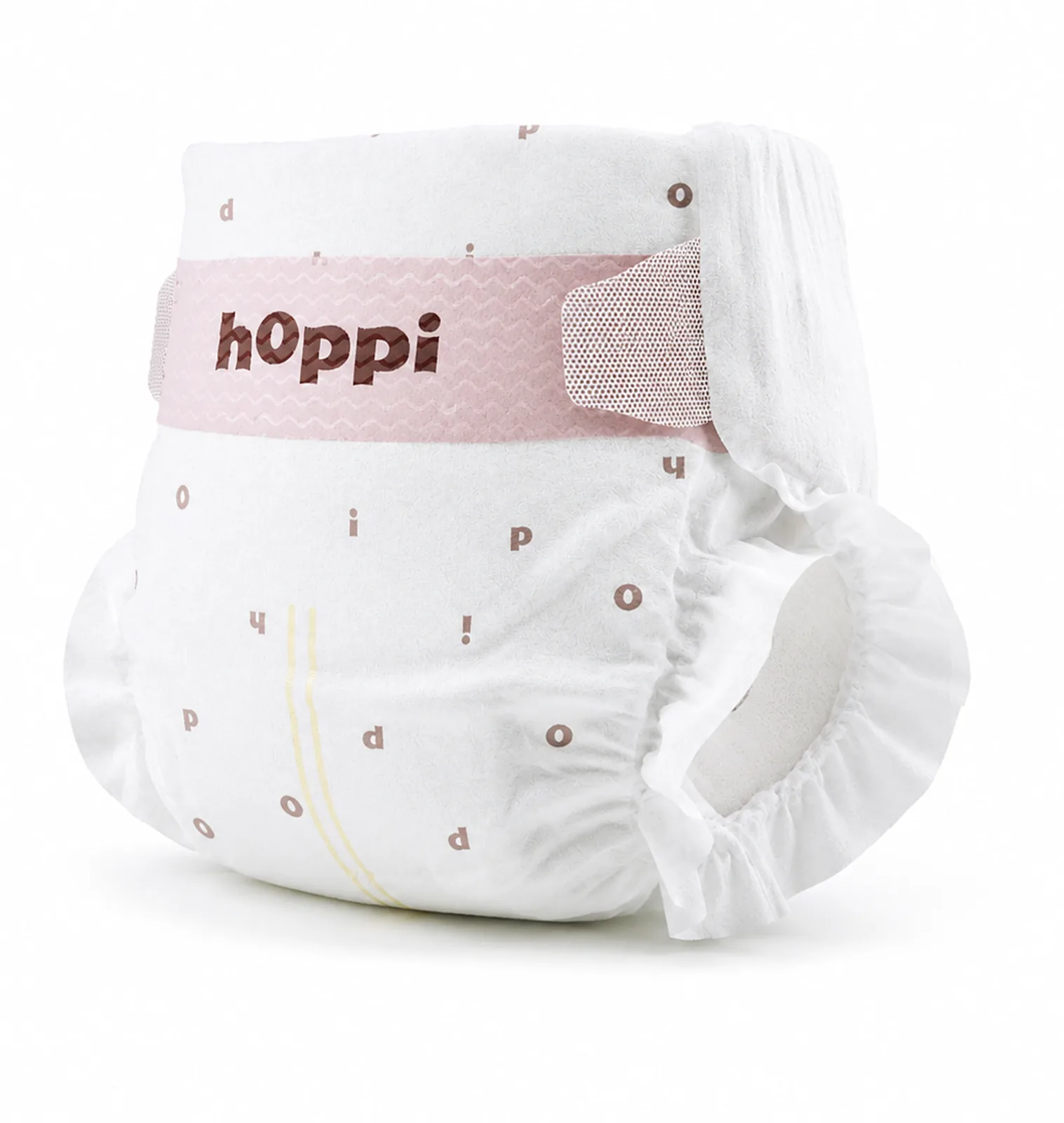 Three-quarter back view of a hoppi diaper with fastening tab, baby diaper product render.