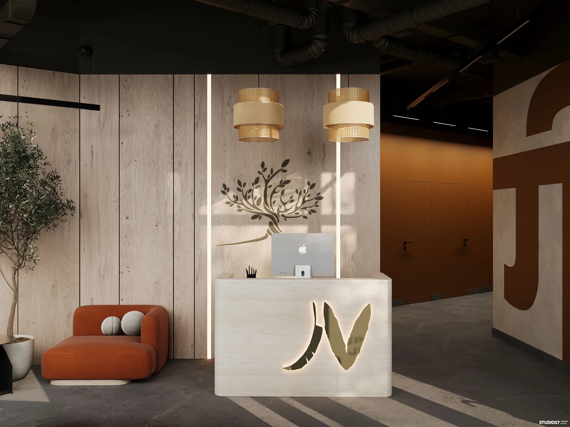 Top 5 3D visualization studios on the Hungarian market Modern office reception interior with wooden panels, designer lighting, and branded reception desk