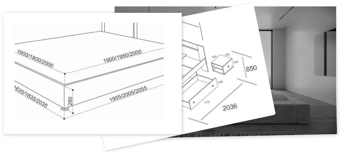 Interior sketch and technical drawing illustrating bed construction and proportions.