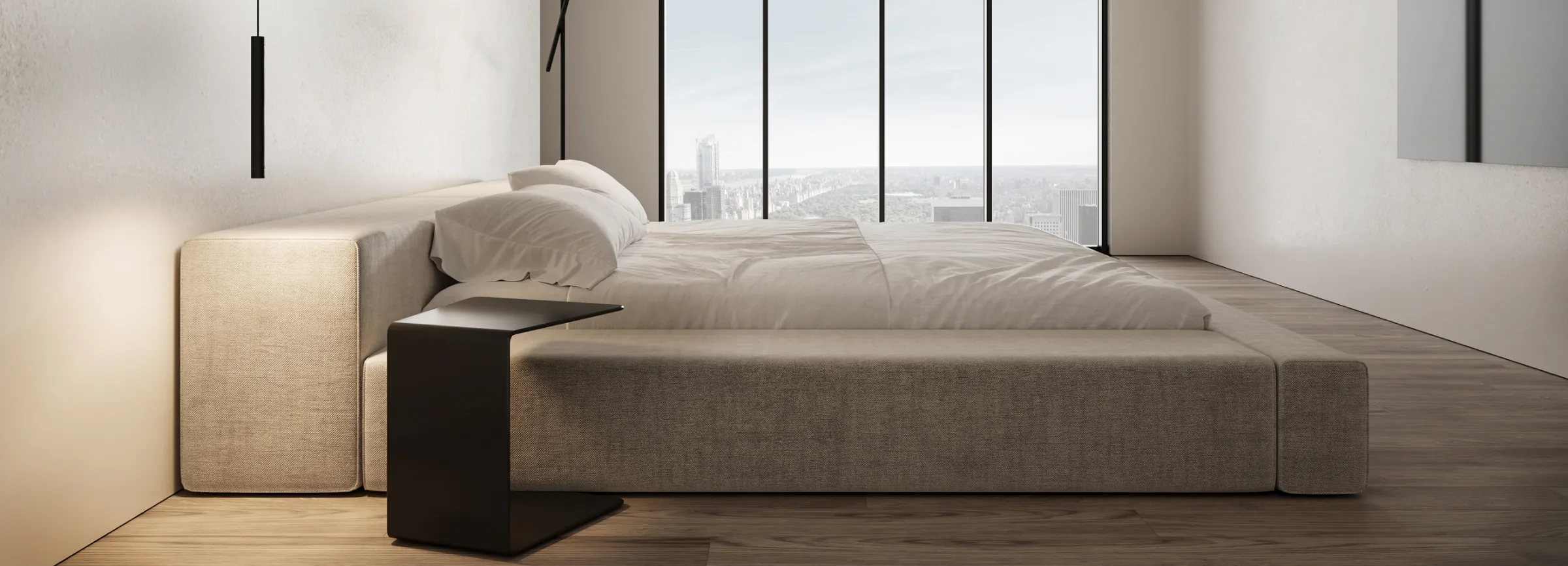 Minimal bedroom with upholstered bed, integrated headboard, and soft daylight