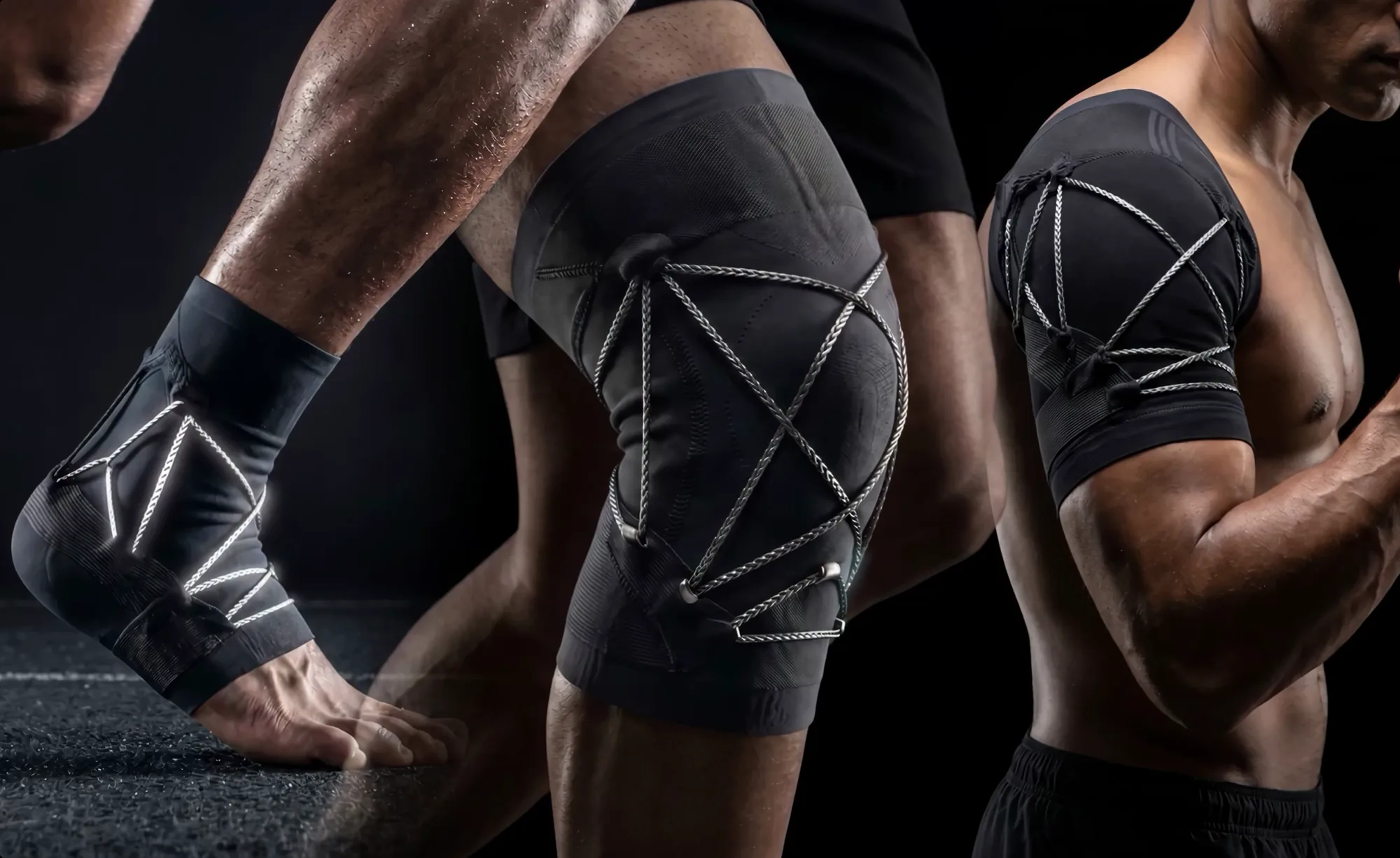 Close-up of knee and leg compression supports, technical detail.