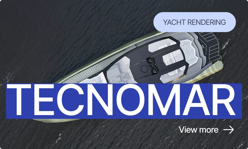 Luxury yacht design rendering viewed from above on dark open water
