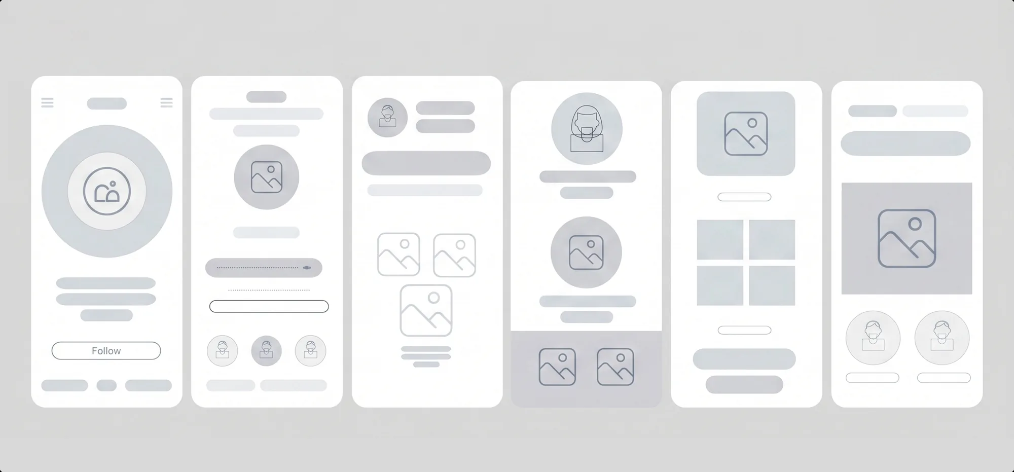 Low-fidelity UX wireframes mapping the mobile app's core flows and screens