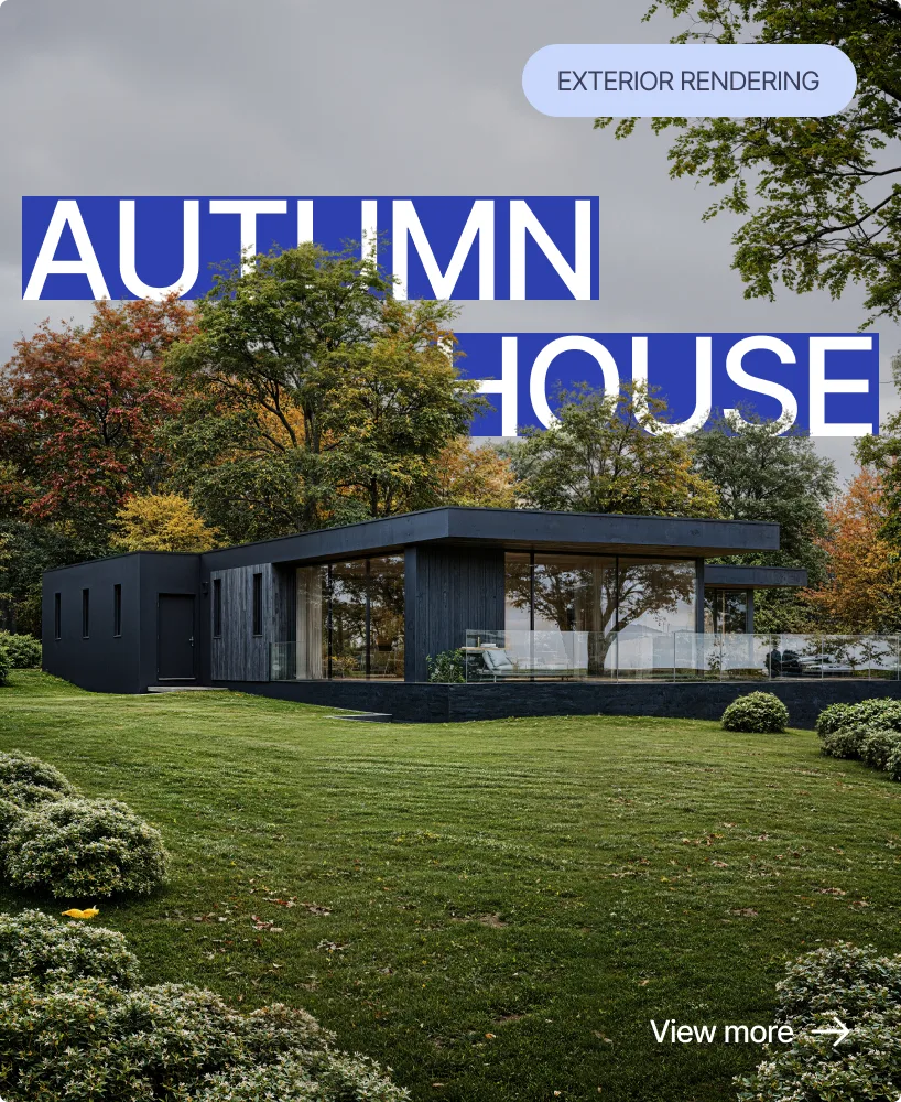 Rendering of a modern house with glass walls and a large lawn surrounded by trees