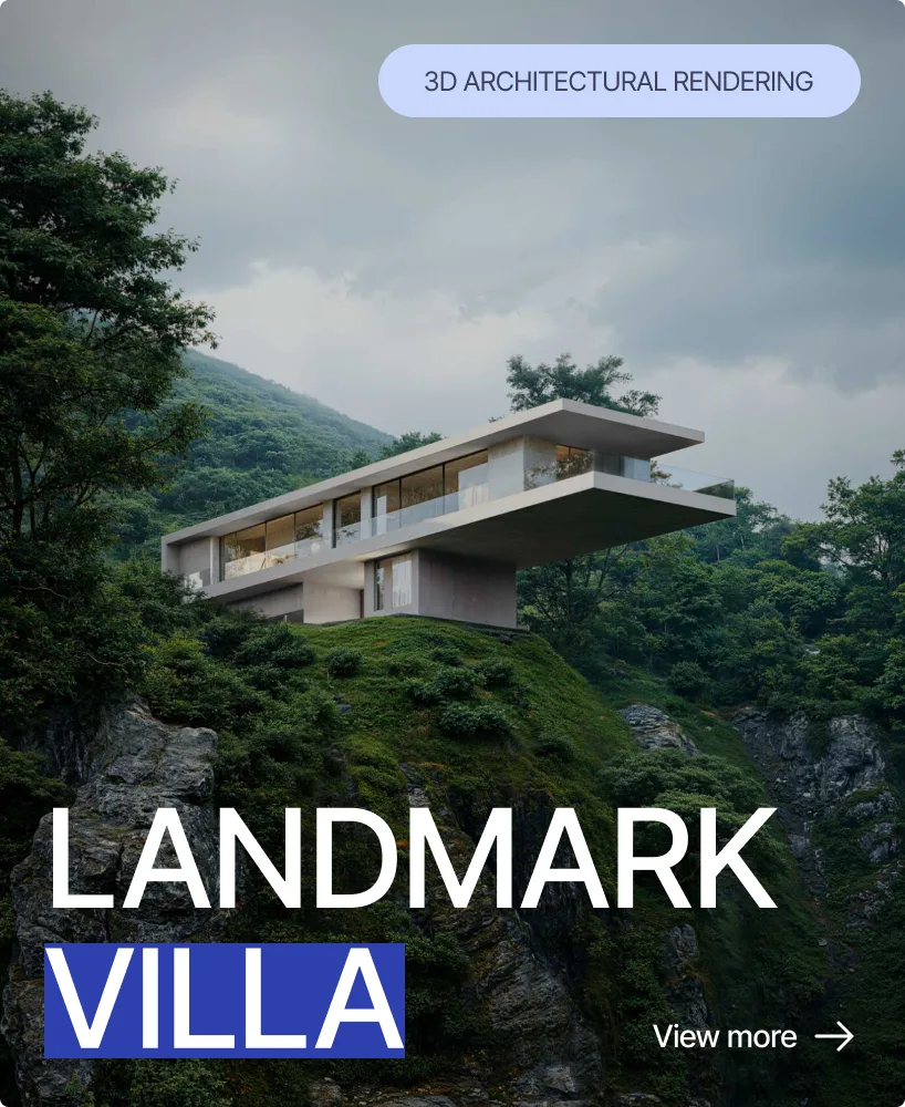 Modern villa design rendering on a rocky hillside surrounded by trees