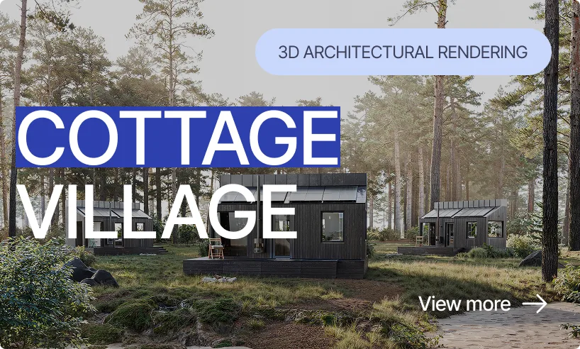 Architectural rendering of a modern cottage village among pine forest
