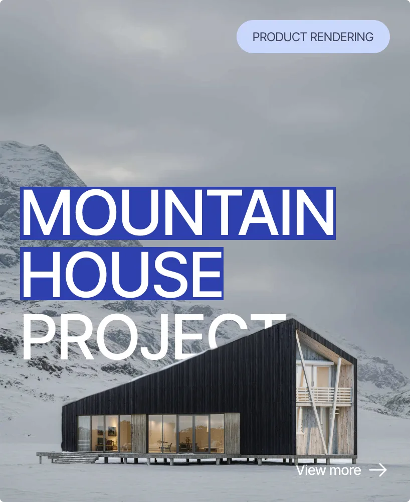 Architectural rendering of a modern wooden cabin in snowy mountains with floor-to-ceiling glazing