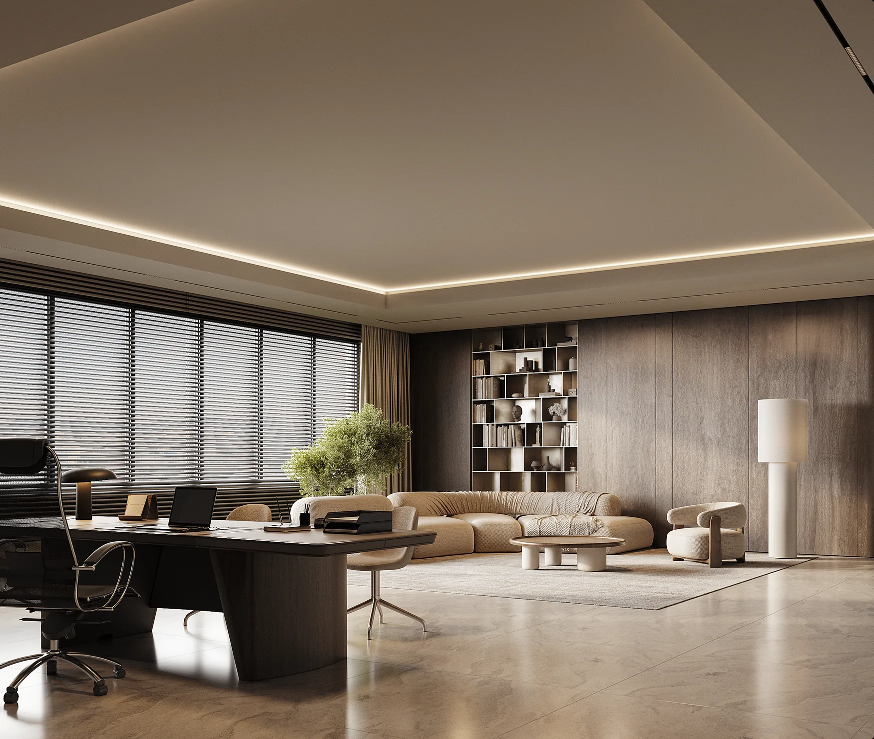 Office interior visualization used to validate workspace zoning and finishes before the fit-out