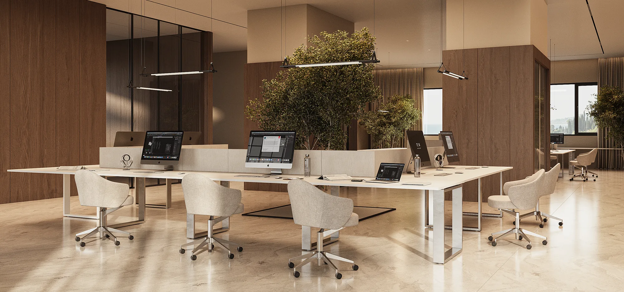 Open-plan office interior 3D rendering with workstations, ergonomic chairs and natural light