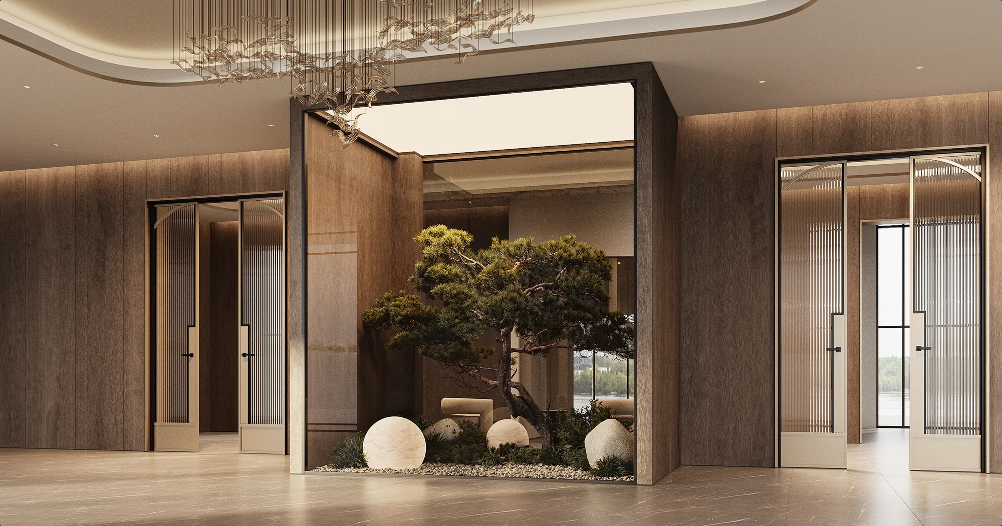 Photoreal office interior render presented for design sign-off