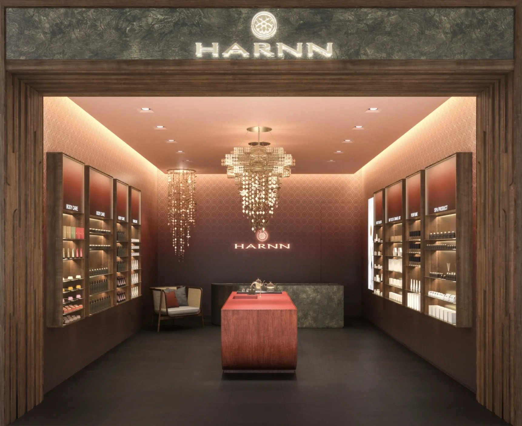 Top Thai 3D visualization studios in the world Luxury retail interior 3D rendering showcasing HARNN boutique design with warm lighting and display shelving