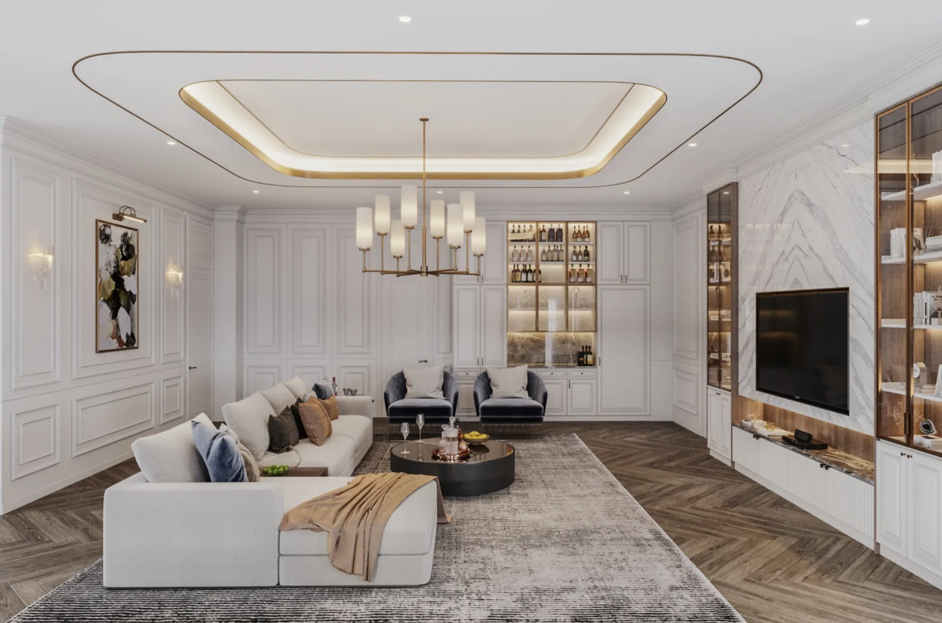 Top Thai 3D visualization studios in the world Modern 3D living room in neutral tones with sofa, geometric rug, large TV, and glass-fronted wine cabinet.