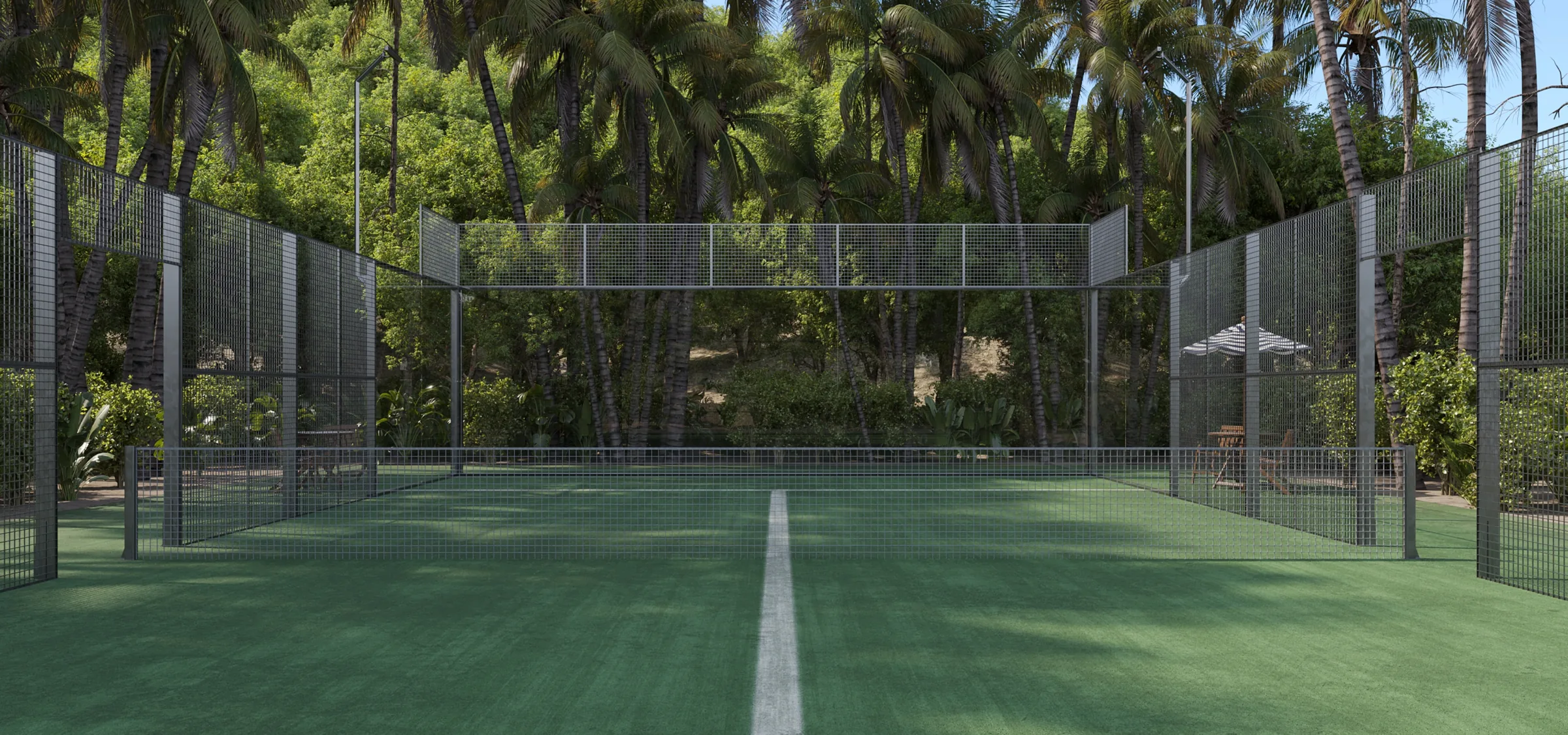 Photorealistic CGI hero render of a private padel court at a tropical villa estate at golden hour, framed by palms and ocean horizon.