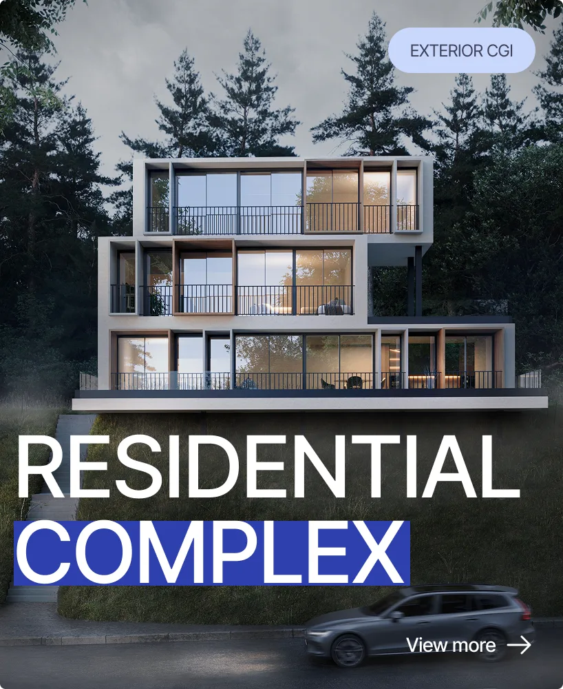 Rendering of a modern residential complex with layered terraces and greenery