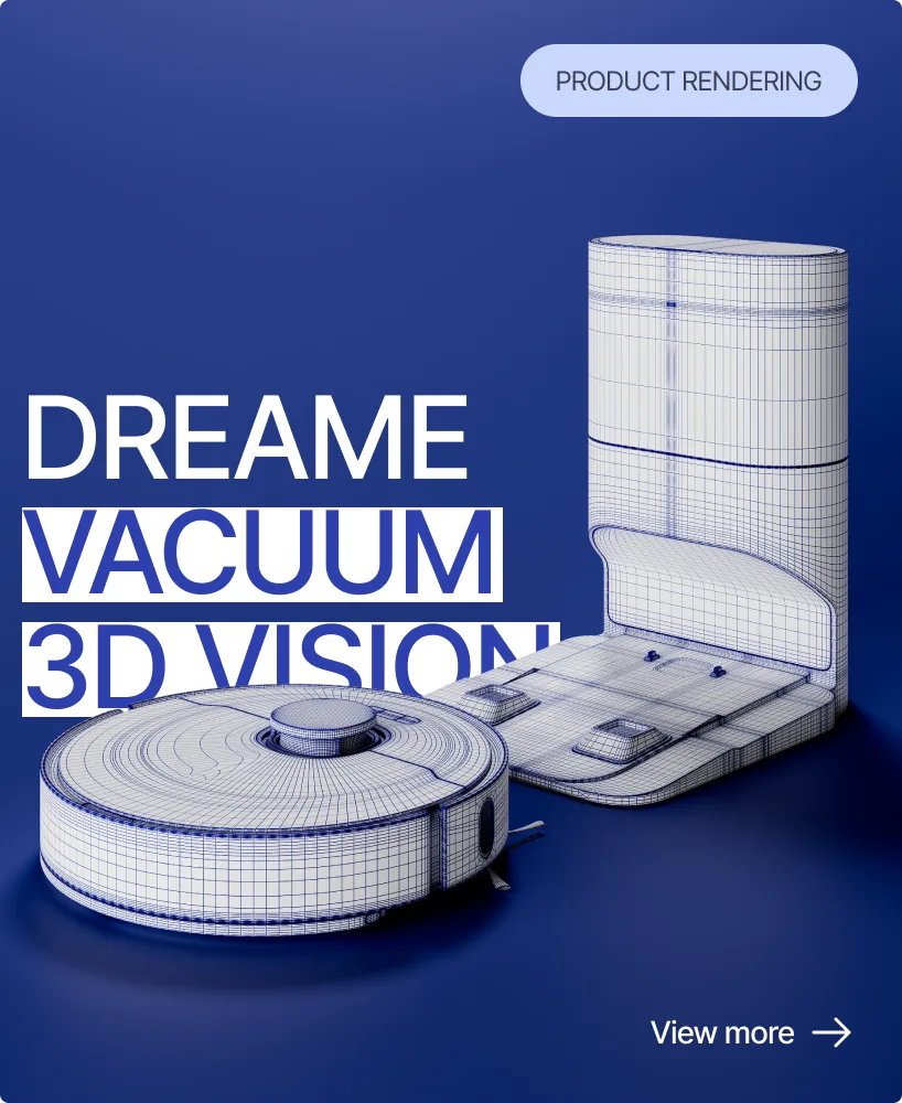3D rendering of a robot vacuum cleaner with dock station in blue wireframe style