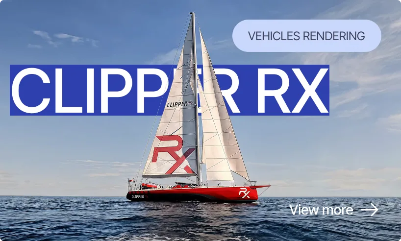 Sailboat 3D rendering with Clipper RX branding, white sails and red hull at sea